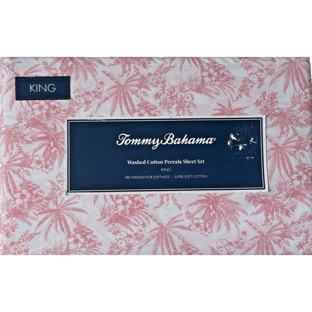 Tommy Bahama 4pc King Sheet Set Pen and Ink 100% Cotton Percale Palm Pink NIP